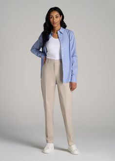 Chic and Sophisticated Women's Tall Dress Pants Elegance in Every Seam Our Flat Front Tapered Dress Pants for tall women are a testament to American Tall's commitment to empowering women over 5'9" with fashion that fits. These pants, crafted with a blend of cotton, nylon, and elastane, offer a comfortable, high-rise fit that's both flattering and functional. The tapered design and full-length cut ensure a sleek silhouette, perfect for both office and casual settings. These tall women's dress pan Elegant Relaxed Fit Dress Pants For Semi-formal Occasions, Elegant Semi-formal Pants With Relaxed Fit, Elegant Semi-formal Relaxed Fit Pants, Elegant Relaxed Fit Dress Pants For Office, Elegant Relaxed Fit Dress Pants, Semi-formal Stretch Dress Pants For Spring, Semi-formal Spring Dress Pants With Stretch, Elegant Full-length Relaxed Fit Dress Pants, Elegant Stretch Pants For Daywear