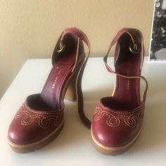 Burgundy Leather Marc By Marc Jacobs Maryjane High Heels With Rubber Soles (Similar To Hiking Boot Soles) With Beige Top Stitching. They Are Super Cool Looking (1970s Vibe), And With The Soles, Probably Extremely Comfortable For Heels Of This Height. I Bought Them From Another Seller On Poshmark, But Unfortunately They Were Just A Tiny Bit Too Small For Me (My Shoes Size Typically Falls Between A 6.5 And 7). They Look And Feel Brand New But There Is Slight Evidence Of Being Previously Worn. Marc Jacobs Heels, 1970s Vibe, Marc Jacobs Shoes, Hiking Boot, Beige Top, My Shoes, Marc By Marc Jacobs, Top Stitching, Super Cool