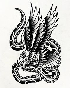 an eagle and snake tattoo design on white paper