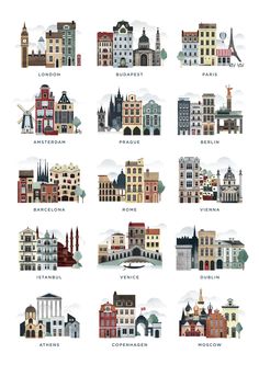 the different types of buildings and their names in english, spanish, and german language