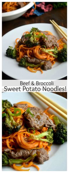 beef and broccoli stir fry with sweet potato noodles on a white plate next to chopsticks