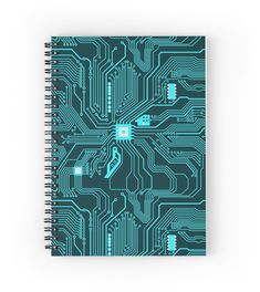 a spiral notebook with an electronic circuit printed on the front and side, in teal blue