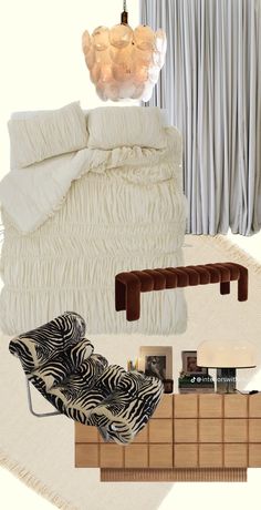 a collage of furniture and accessories including a bed