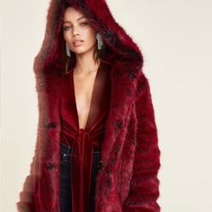 Faux Fur Hooded Jacket With Hook And Eye Closures. It's The Opposite Of Chill. Show Stopper. Sink Your Fingers Into This Blood Red Plush Fur. Slink About In Nothing But Coat 84 And Lingerie. Brand New Worn Once. Dry Clean Only Hook Front Closures Hooded Side Seam Pockets Faux Fur Red Fur Coat With Faux Fur Trim For Fall, Red Faux Fur Coat For Fall, Red Long Sleeve Fur Coat For Winter, Luxury Red Winter Outerwear, Red Faux Fur Long Sleeve Outerwear, Luxury Burgundy Outerwear For Winter, Luxury Burgundy Winter Outerwear, Luxury Burgundy Outerwear For Fall, Luxury Red Fall Outerwear