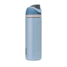 thermos stainless steel water bottle is light blue and has a grey lid with a silver trim