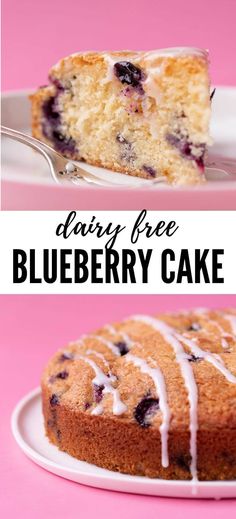 blueberry cake with white icing on a pink background and the text dairy free blueberry cake