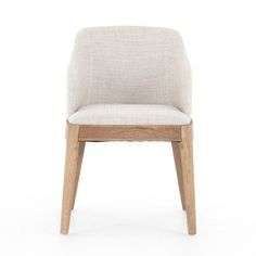 an upholstered chair with a wooden frame and fabric seat, viewed from the front