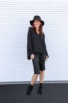 Sporty Outfit from Shea Curry (@shamelessmama) with San Diego Hat Company Hats, Vince Tops, Proenza Schouler Shorts Sporty Outfit, San Diego Hat, Flowy Shirt, Sporty Outfits, Proenza Schouler, Black Shorts