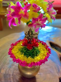 a vase filled with flowers sitting on top of a table