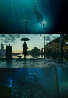 there are two different scenes in the same scene, one is under an umbrella and the other is above water