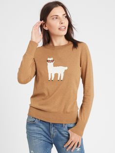 Llama Intarsia Crew-Neck Sweater | Banana Republic Factory Fall Crew Neck Sweater, Trendy Crew Neck Sweater With Ribbed Cuffs, Trendy Knit Crew Neck Sweatshirt, Trendy Crew Neck Knit Sweatshirt, Trendy Crew Neck Sweatshirt For Work, Trendy Crew Neck Sweater For Work, Casual Crew Neck Sweater For Work, Crew Neck Fine Knit Sweater, Trendy Brown Crew Neck Sweater