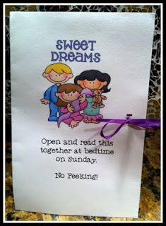 a card with a purple ribbon attached to it that says, sweet dreams open and read this together at bedtime on sunday