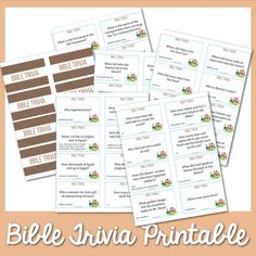 the bible trivia printables for kids are shown in four different colors and sizes