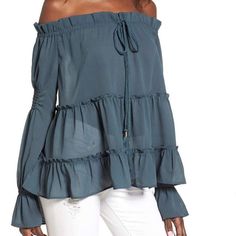 Designed With Tasseled Ties And Floaty Ruffled Tiers, This Shoulder-Baring Top Has Boho Romance To Spare. Smocking At The Sleeves And Belled Cuffs Enhance The Billowy Peasant Styling. Fits Size 2-6 Or Small/Medium. 19" Center Front Length Off-The-Shoulder Neckline With Self Tie Long Sleeves With Bell Cuffs 100% Polyester Machine Wash, Tumble Dry Purchased At Nordstrom, Sun And Shadow Brand Cheap Casual Peasant Top With Ruffles, Cheap Flowy Top With Ruffle Hem, Cheap Tiered Top With Ruffle Hem, Cheap Tiered Tops For Day Out, Hot Summer Looks, Sun Shadow, Chic Summer Outfits, Off The Shoulder Blouse, Blouse Nordstrom