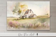 a watercolor painting of a farm house on a hill with trees and flowers in the foreground