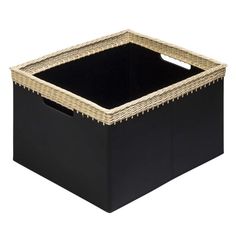 a black storage box with a wicker lid and handles on the bottom, it is empty