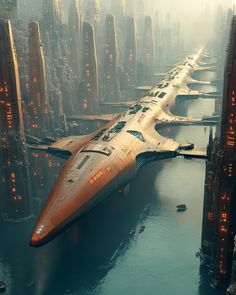 a futuristic ship floating in the middle of a city