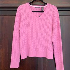 Liz Claiborne Xl V-Neck Cable 100% Cotton Sweater Nwt More Of A Lilac Color With A White Washed Look Cotton V-neck Sweater With Ribbed Neckline, Pink V-neck Cable Knit Top, Acrylic V-neck Soft Knit Sweater, Pink Cable Knit V-neck Tops, Feminine Pink V-neck Sweater, Lilac Color, Liz Claiborne, V Neck Sweater, Cotton Sweater