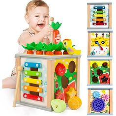 a baby sitting on the floor playing with an assortment of colorful wooden toys and building blocks