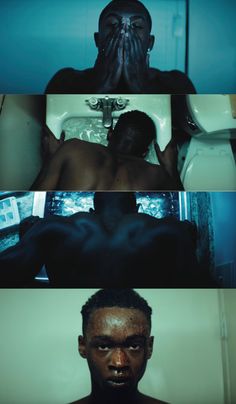 three different shots of a man in the bathroom with his face covered and hands covering his mouth