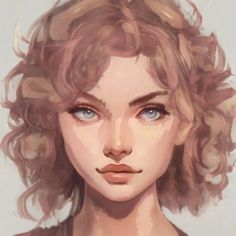 a painting of a woman with curly hair and blue eyes is shown in this image