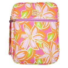 an orange and pink flowered purse on a white background