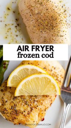 air fryer frozen chicken on a plate with lemons and asparagus