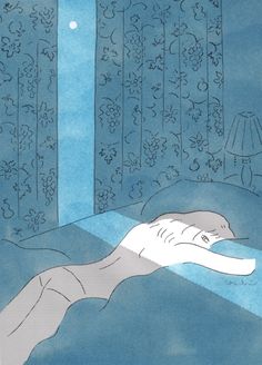 a drawing of a person laying on the floor in front of a window with curtains