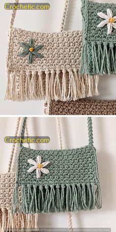 crocheted bags with flowers and fringes are shown in two different colors, one is