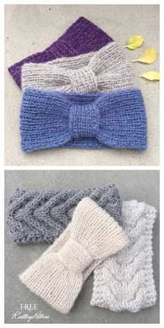 three different types of knitted headbands with bows on each side and the same color