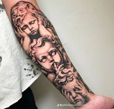 a man with a tattoo on his arm has an image of the virgin mary and jesus