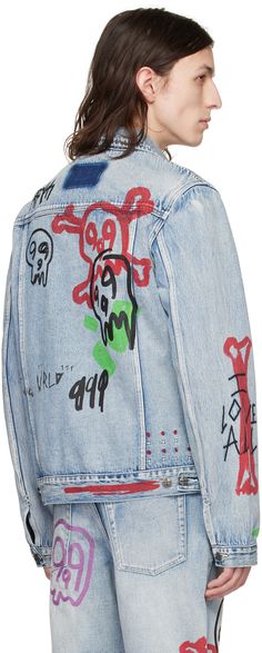 Non-stretch denim jacket. Logo, graphics, and text printed throughout. · Spread collar · Button closure · Flap pockets at chest · Welt pockets at waist · Single-button barrel cuffs · Logo embroidered at back · Buttoned tabs at back hem · Unlined Part of the limited edition Ksubi x Juice WRLD 999 CLUB collaboration. Supplier color: Denim Wrld 999, Blue Juice, The Limited, Logo Embroidered, Flap Pocket, Welt Pocket, Stretch Denim, Juice, Denim Jacket