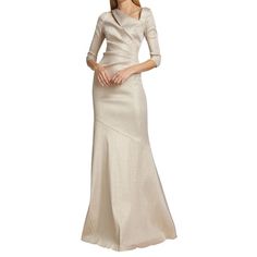 New Size Us 14 $960 Details This Floor-Length Gown Is Crafted Of Sparkling Metallic Fabric With An Asymmetric Neckline. Asymmetric Neck Elbow-Length Sleeves Back Zipper Closure 42% Polyester/29% Acetate/17% Nylon/6% Elastic/6% Metallic Fibers Dry Clean Imported Size & Fit About 63.5" From Shoulder To Hem Our Products Are 100% Genuine. In All Cases We Stand By The Authenticity Of Every Product Sold. Our Clothing, Handbags, Shoes May Have A Black Or Red Line Strikethrough Label. If Strikethrough I Fitted Floor-length Asymmetrical Dress For Formal Occasions, Formal Fitted Floor-length Asymmetrical Dress, Elegant Gown With Asymmetrical Neckline And Sweep Train, Elegant Asymmetrical A-line Wedding Dress, Elegant Long Sleeve Champagne Gown, Fitted Gown With Bias Cut And Asymmetrical Neckline, Asymmetrical Evening Dress With Sweep Train For Wedding, Fitted Evening Dress With Asymmetrical Neckline And Bias Cut, Fitted Asymmetrical Evening Dress With Sweep Train