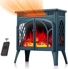 an electric fireplace heater with remote control and flames coming from the door, on a white background