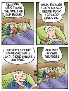 a comic strip with an older man laying in bed reading a book and talking to another person