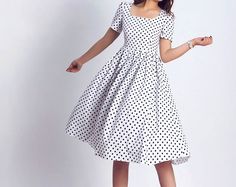 elegant white cotton dotted knee length dress (0114). $46.99, via Etsy. Casual Dress With Pleated Full Skirt, Casual Dresses With Pleated Full Skirt, White Maxi Skirt With Pleated Waist For Summer, Long Skirt Casual, Skirt Linen, Skirt Pockets, Khaki Skirt, Skirt Casual, Skirt Pleated