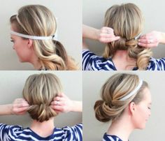 Do this all the time. Easiest hairstyle ever. I curl mine before I style it though - makes it so much easier to flip into the headband, Pull Through Ponytail, Hairstyles For Church, Dirty Hair Hairstyles, Bridesmaid Ideas, Hair Back, Low Bun, Pull Through