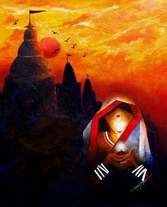 an abstract painting of a person holding a lit candle in front of a cityscape