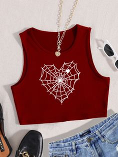 Cute Cropped Tank Tops, Marvel Crop Top, Spiderman Crop Top, Top Corazon, Cute Aesthetic Tops, Shein Tops Shirts, Shein Tank Tops, Cool Crop Tops, Spider Clothes