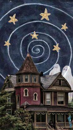 an old house with stars painted on the roof and in the sky above it is a spiral