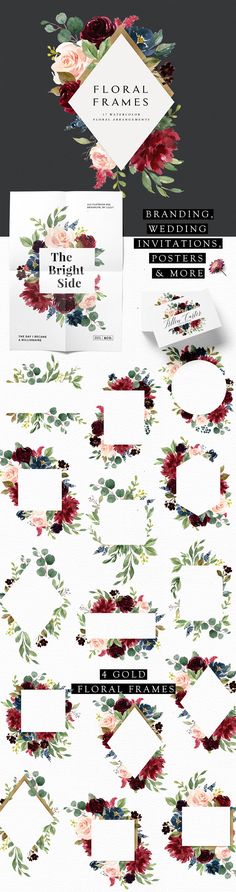 the wedding stationery is laid out on top of each other, with flowers and leaves