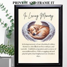 a frame with a dog and angel wings on it