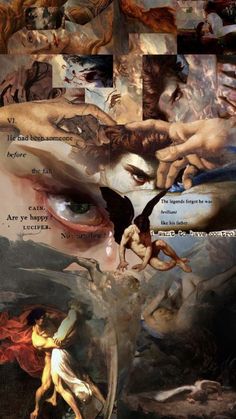 a collage of paintings with different faces and body parts in the middle one is surrounded by other images