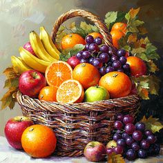 a painting of fruit in a basket with grapes, apples, oranges and bananas