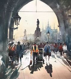 a painting of people walking under an archway