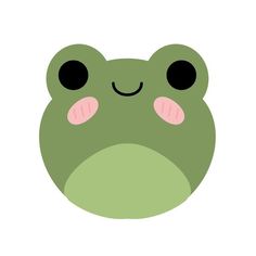 a green frog with black eyes and pink cheeks on it's face is shown