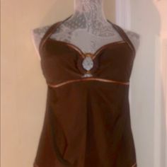 Chemical Two Piece Halterkini With Skirted Bottom Brown With Hombre Top Stitching And Beaded Detail Size Large Nwt Fitted Lined Halter Neck Top, Elegant Fitted Halter Top For Vacation, Sleeveless Brown Swimwear For Party, Brown Sleeveless Swimwear For Party, Brown Sleeveless Party Swimwear, Fitted Lined Tops For The Beach, Fitted Lined Tankini For Party, Fitted Sleeveless Tankini For Night Out, Fitted Halter Neck Lined Tankini