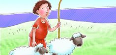 a boy in red is holding a stick and two sheep