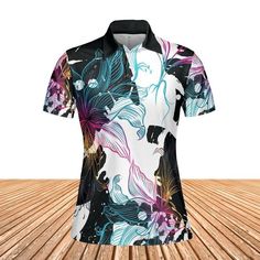 Abstract Gradient Flowers Women's Polo Shirt. If you love abstract designs and gradient colors then this Abstract Gradient Flowers Women's Polo Shirt design is perfect for you! Features a design consisting of an abstract black and white background with rainbow gradient flowers on top. If you love unique creations then this is the perfect polo shirt for you. Classy yet very comfortable to wear; this polo shirt is perfect to keep you cool and dry all day. Product Details Step out with an instant c Casual Multicolor Tops With Abstract Pattern, Casual Multicolor Digital Print Shirt, Casual Multicolor Shirt With Digital Print, Artistic Printed Black Top, Artistic Black Printed Top, Casual White Sublimation Design With Digital Print, Trendy Multicolor Shirt With Sublimation Print, Casual White Sublimation T-shirt With Digital Print, Multicolor Digital Print Sublimation Short Sleeve