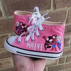 Just as shown.  Choose your size and shoe color during check out. HIs/her name will be on the sides in font shown. Spiderman Converse, Custom Spiderman, Sneakers Athletic, Miles Morales, Shoes Trainers, Kids Shoes, Spiderman, Athletic Shoes, Converse